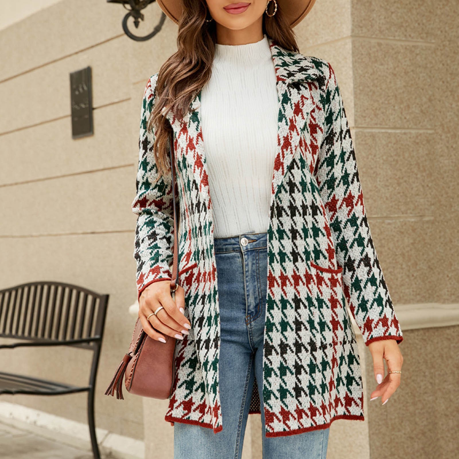 Women’S Fashion Color Thousand Bird Lattice Knit Cardigan Temperament Suit Collar Cardigan Coat Casacos De Inverno Feminino 2022 alx