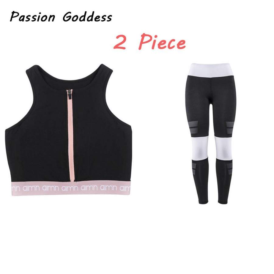 Women 2 Piece Jogger Suits Crop Tank Leggings Letter Patchwork Workout Zipper Tops Tracksuits Set Pencil Trousers Outfit Femme