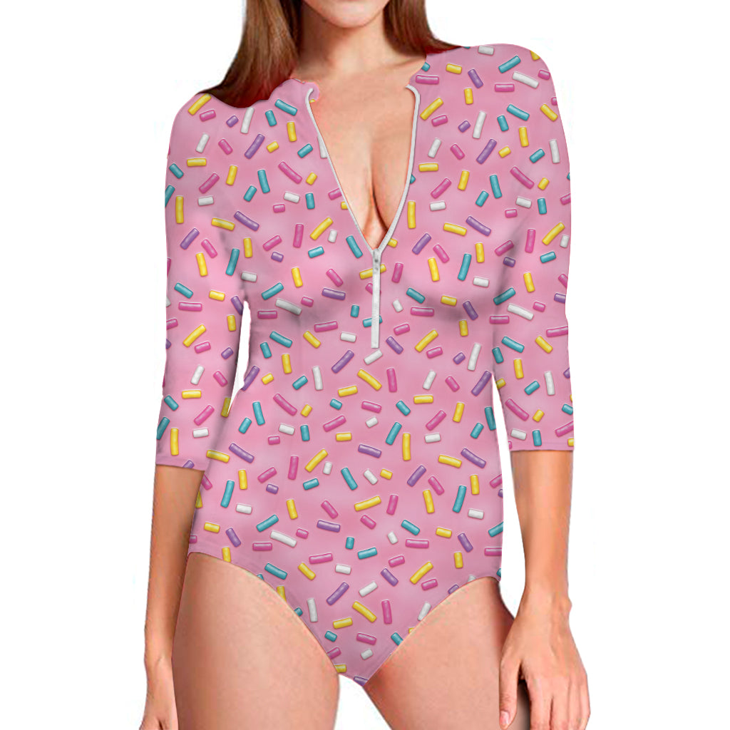 Cute Candy Pattern Print Long Sleeve One Piece Swimsuit