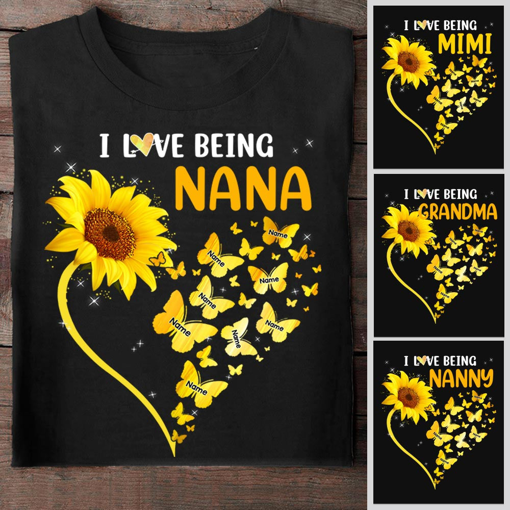 Personalized I Love Being Nana Heart Butterflies With Sunflower Shirt For Grandma