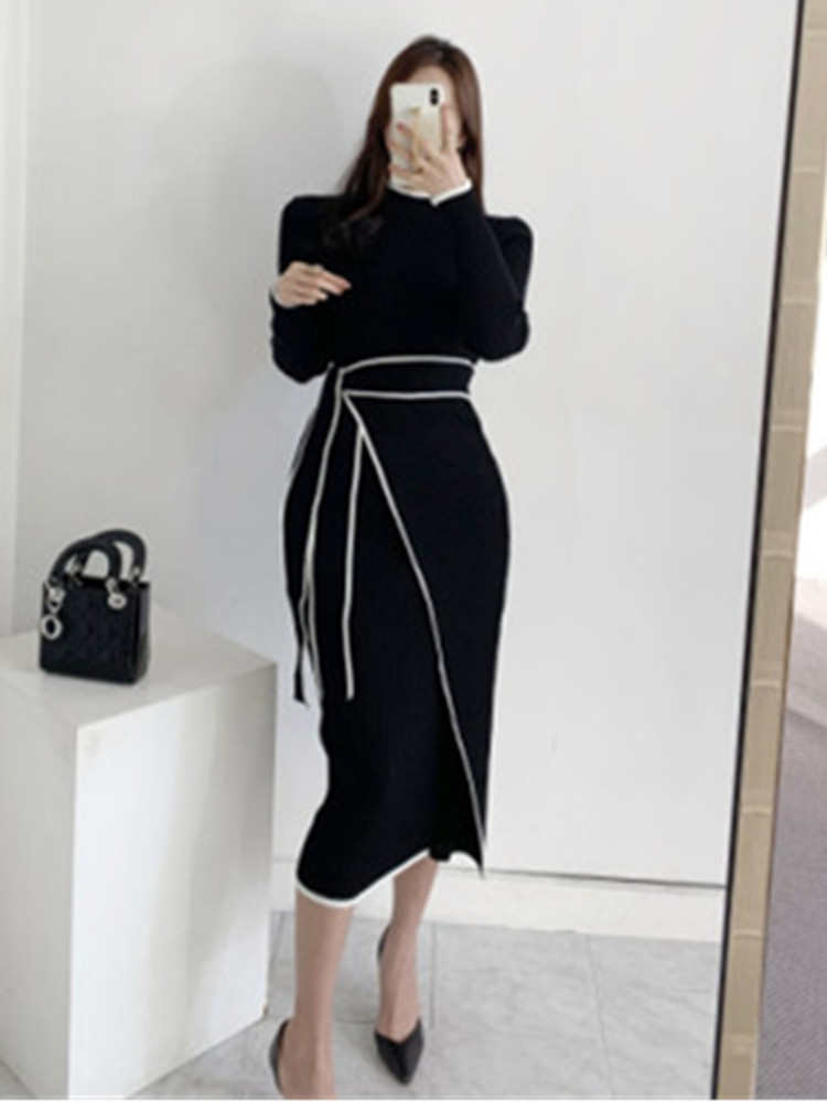 SMTHMA 2022 New Autumn Winter Korean Style Temperament Dress Ladies Slim Waist Lace-Up Knitted Mid-Length Sweater Dress Vestidos alx