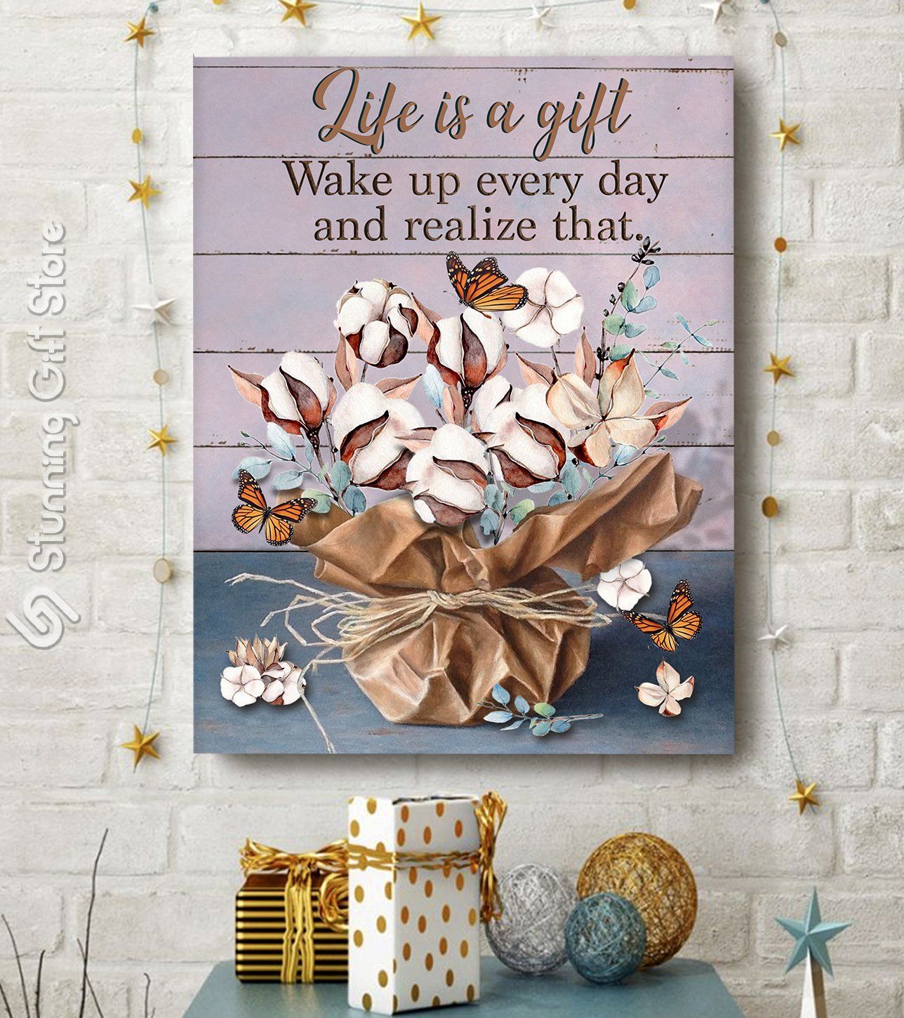 Cotton Flower Monarch Butterfly Canvas Life is a gift Wall Art