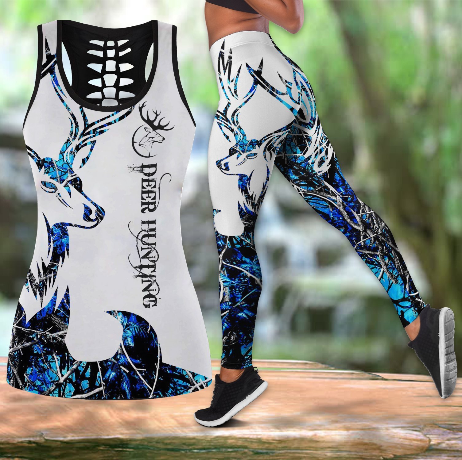 Blue Neon Deer Hunting Lover Legging And Tank Top All Over Print