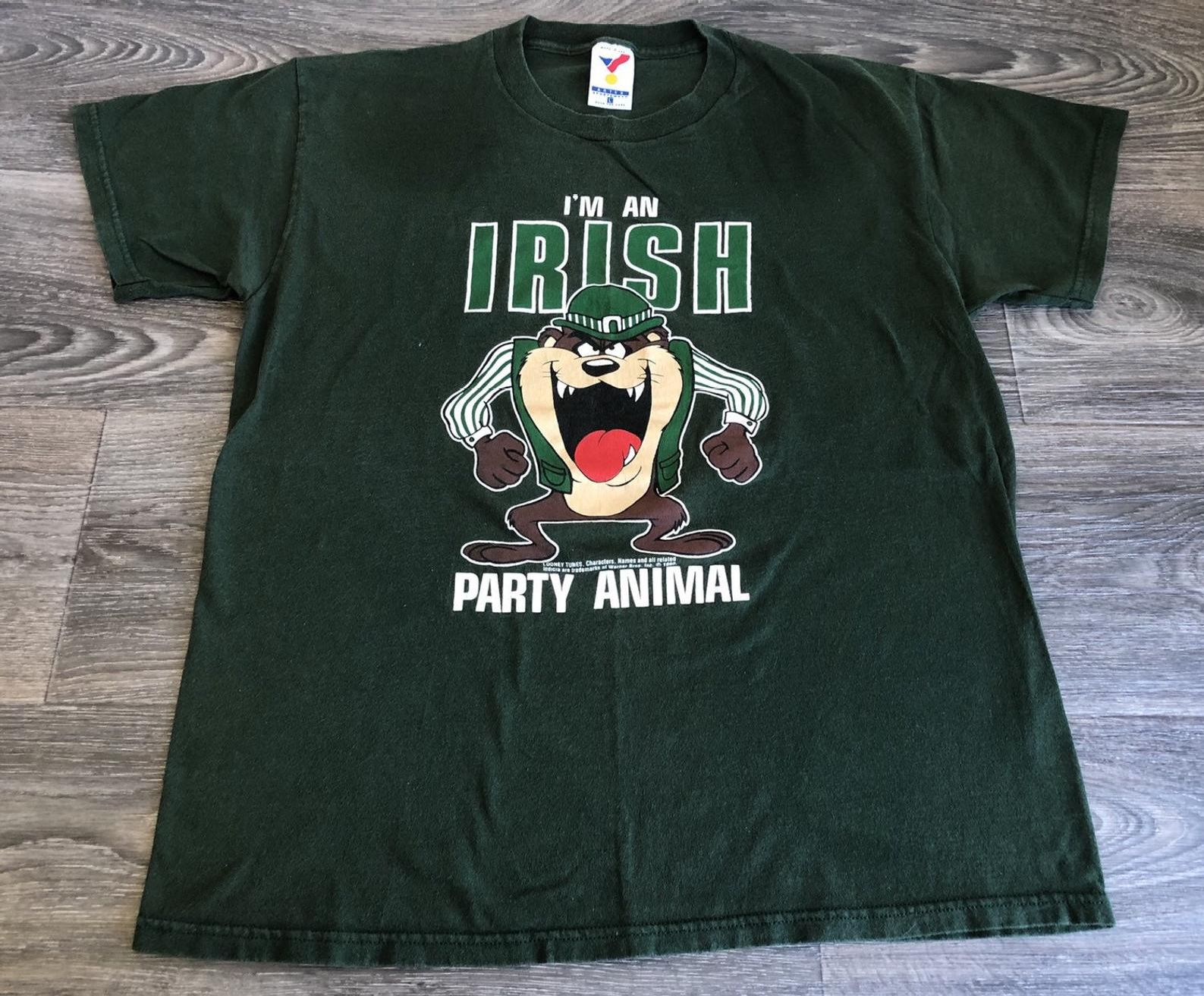 Taz Irish Shirt 1992 90S Vintage Party Animal St Patrick’S Day Looney Tunes Tasmanian Devil Cartoon Tshirt Green Bugs Bunny Tee L