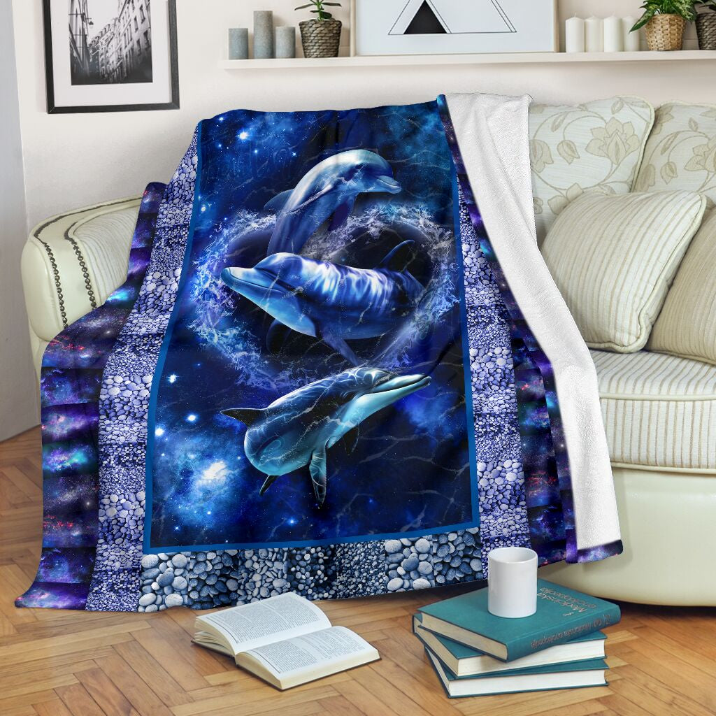 Blue Dolphins Swimming In Sparkle Galaxy Sherpa Fleece Blanket Great Customized Blanket Gifts For Birthday Christmas Thanksgiving