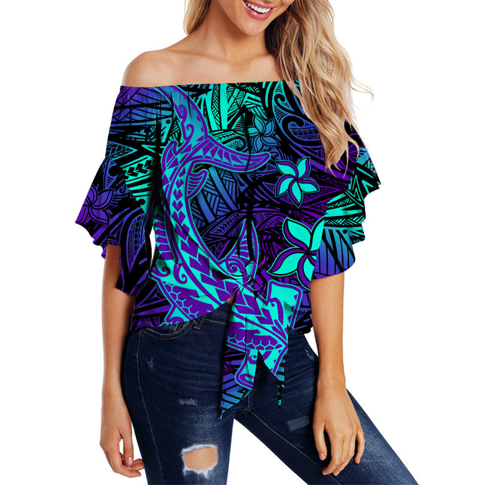 Custom Personalised Polynesian Off Shoulder Waist Wrap Top Purple Paradise Hawaiian Tribal Hammerhead Shark Lt14