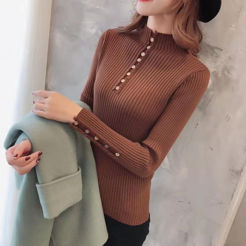 свитер женский Korean Fashion Women’s Sweater Button Decor Slim Ladies Sweater Turtleneck Warm Shirt Long Sleeve Top Jumper alx