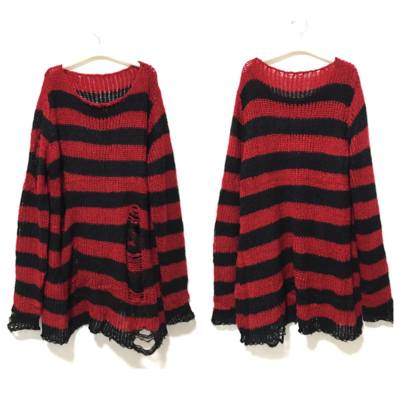 2021 Punk Gothic Long Unisex Sweater Summer Women Striped Cool Hollow Out Hole Broken Jumper Loose Rock Thin Dark Streetwear Top alx