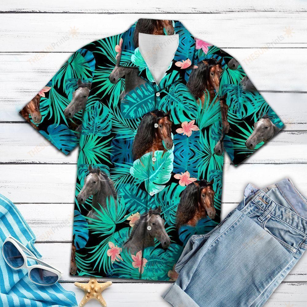 Andalusian Horse Green Tropical Hawaiian Shirt Ha23538