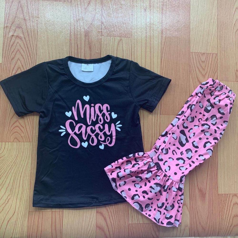 boutique outfits miss sassy screen print shirt top Pink leopard bell pants kids clothes set alx