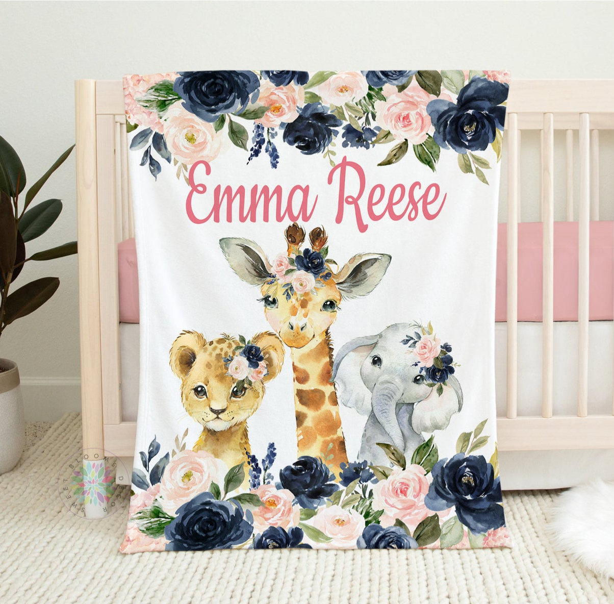 Safari Animals Floral Baby Blanket, Animals Personalized Baby Blanket Gift, Baby Shower Gift