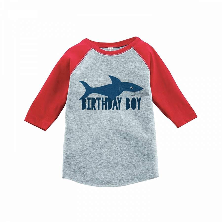 7 ate 9 Apparel Boy’s Shark Birthday Red Raglan Tee