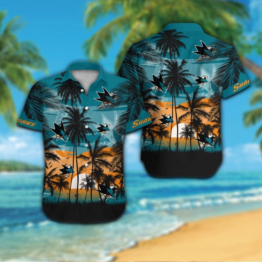 San Jose Sharks Short Sleeve Button Up Tropical Hawaiian Shirt