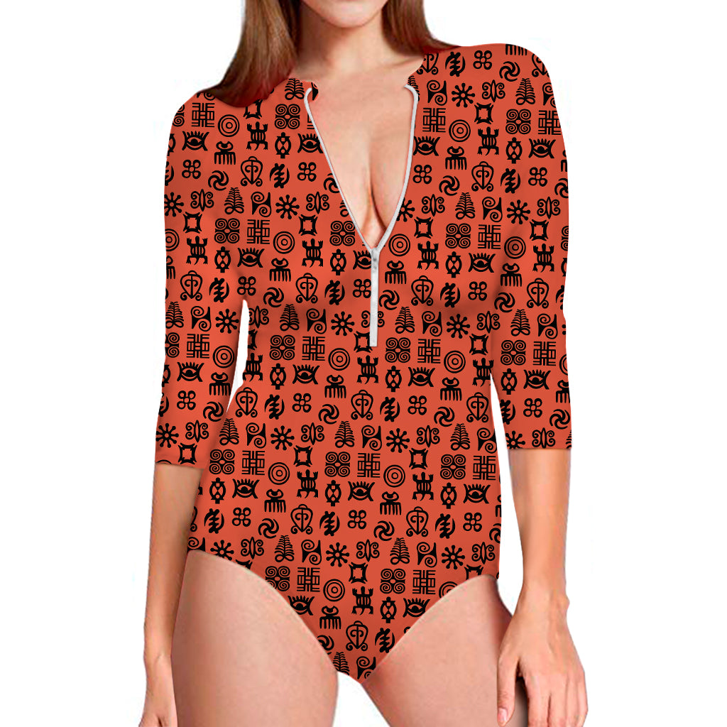 West African Adinkra Symbols Print Long Sleeve One Piece Swimsuit