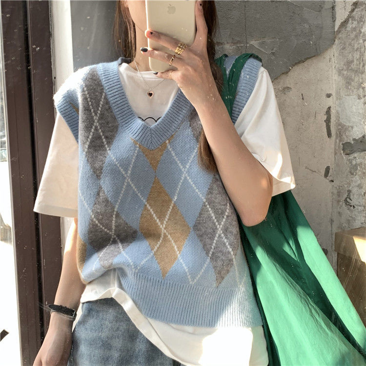 Argyle Sweater Vests Women Vintage Stylish S-3XL Autumn V-neck Panelled Sleeveless Jumpers Knitwear Female Warm College Preppy alx