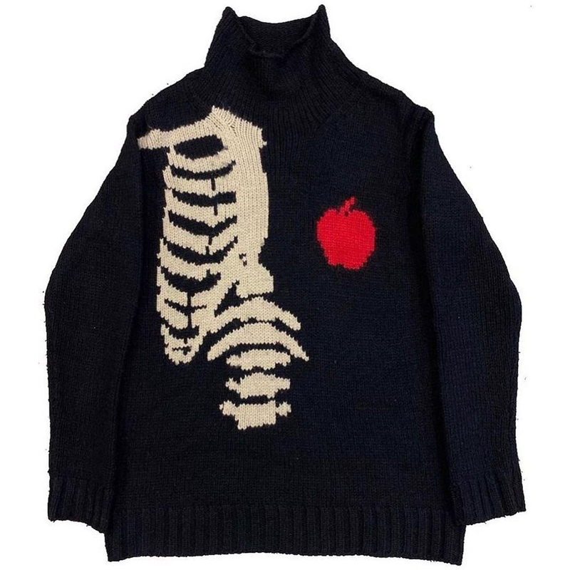 Women Vintage Knitted Sweater Autumn winter Pullover Unisex Y2K harajuku Men Oversized Sweater Black Loose Skeleton Anime Print alx