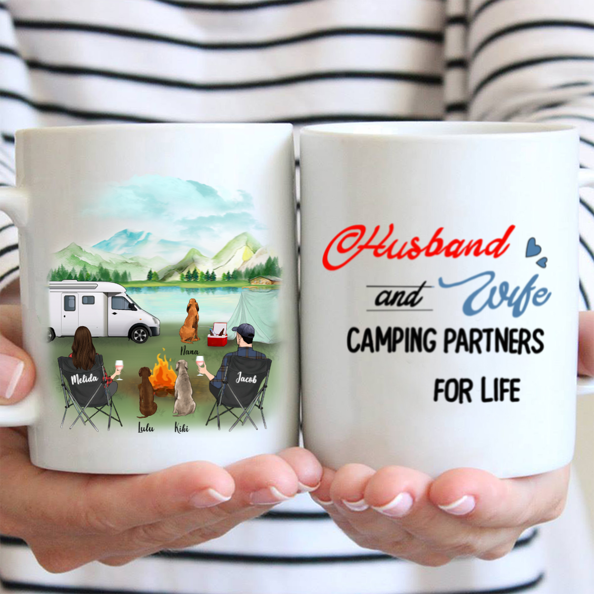 Personalized camping coffee mug, gifts for dog lovers, dog dad mom – Couple and 3 dogs – Husband and Wife Camping Partners For Life