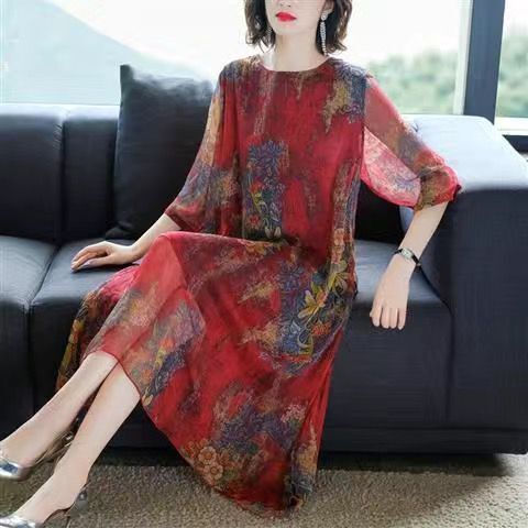 2022 New Summer Women Vintage Floral Print Dress Short Sleeve Casual Loose Pleated Dress Chiffon Mid 5xl Vestidos Y132 alx