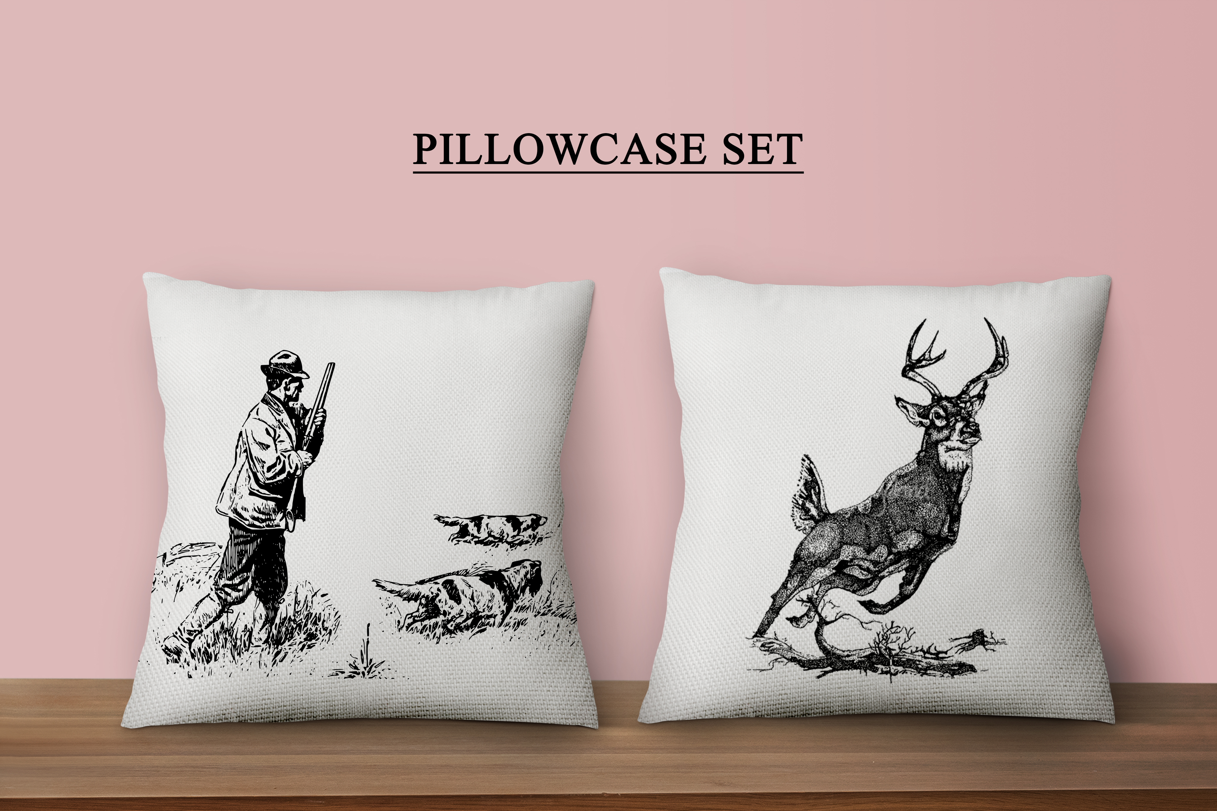 Canvas Pillowcase Set Hunting 16×16 , Hunter vs Deer Pillow Case Set 18 x18, 20×20 with Short Plush Material