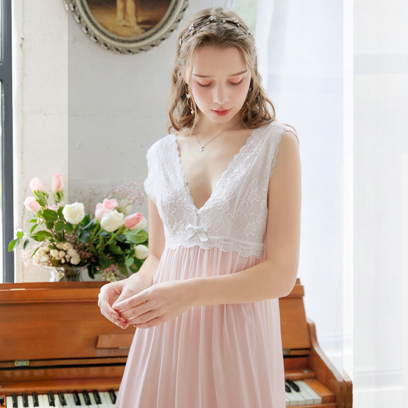 Summer Ladies Vintage Nightdress V-Neck Lolita Sleeveless Long Lace Nightgowns Sexy Women Sleepwear Plus Negligee alx