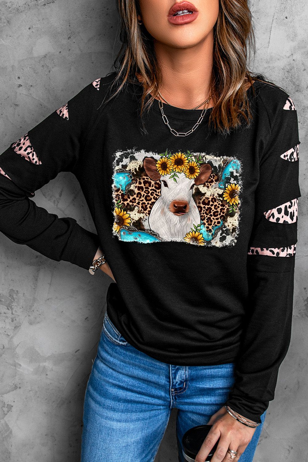 Western Leopard One Shoulder Sweatshirt Without Necklace