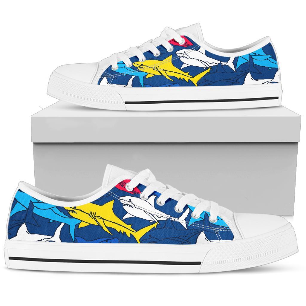 Shark Color Pattern White Bottom Low Top Shoes