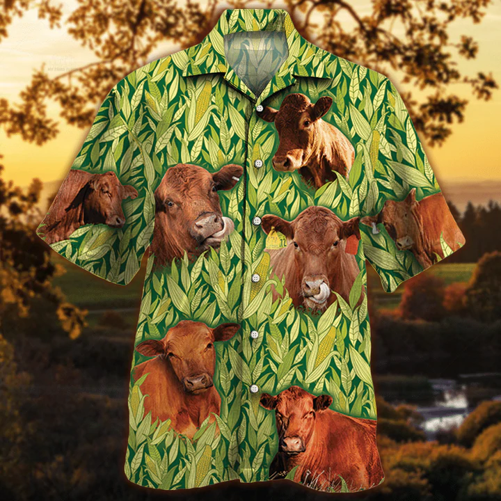 Red Angus Hawaiian Shirt, Vintage Farm Hawaiian Shirts For Men, Animals Button Down Mens Hawaiian Shirts