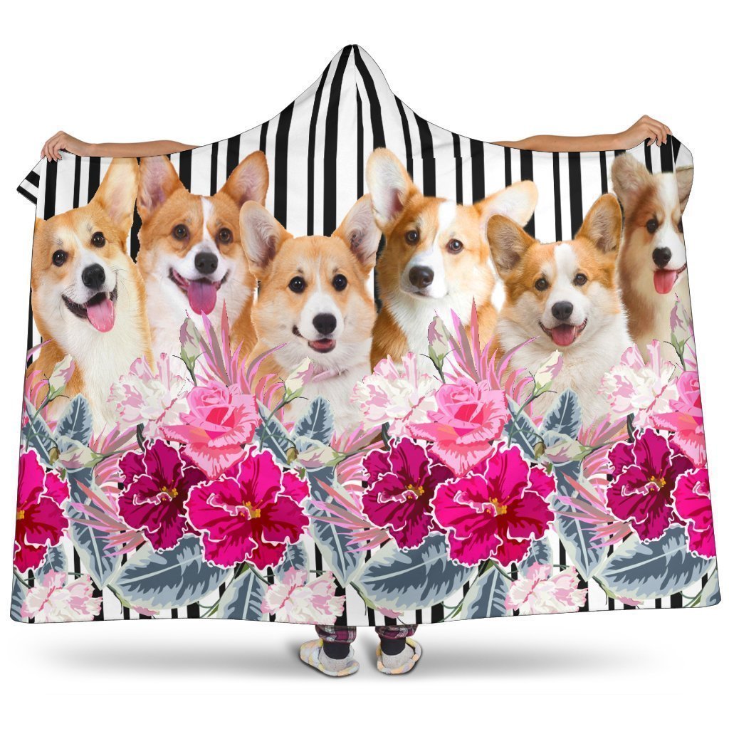 Floral Corgi Dog Hooded Blanket