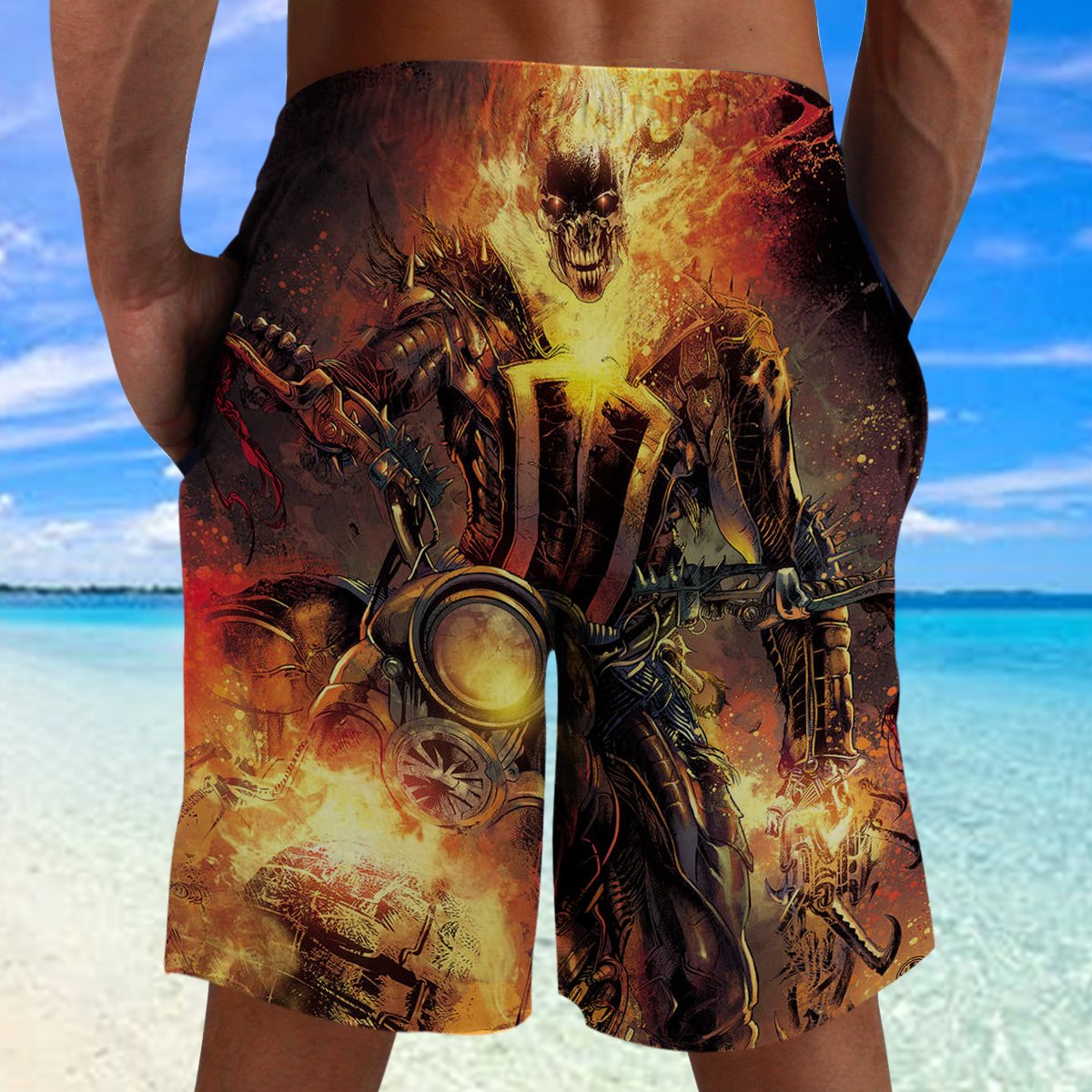 Skull Motocycle Fire Hawaii Beach Shorts Colorful S Ha6213