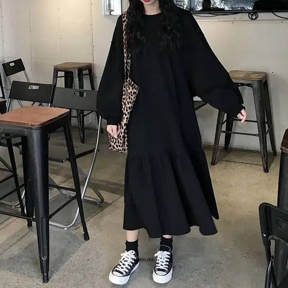 Big Size 6XL 150KG Women Autumn Long Dress Black Long Sleeve Large Dresses For Ladies Loose Winter Maxi Dress alx