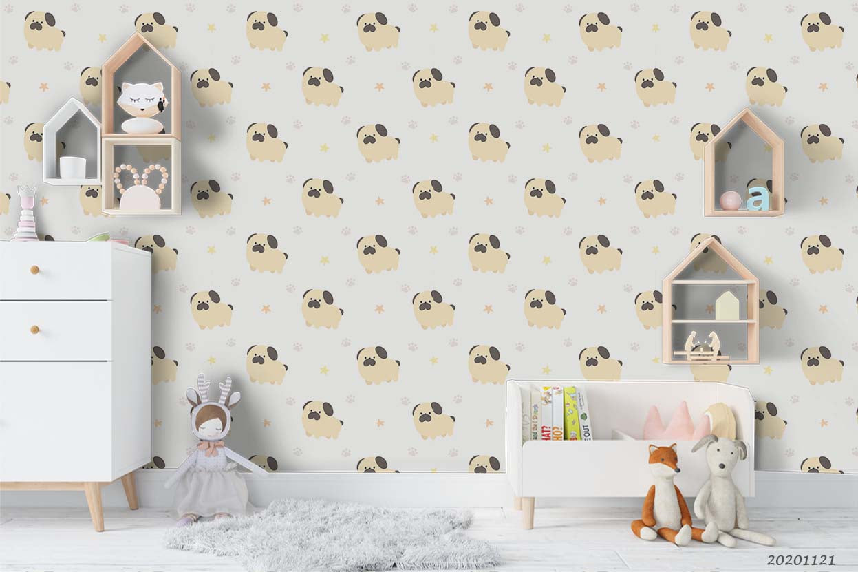 3D Cartoon Hand Drawn Pug Dog Animal Pattern Wall Mural Wallpaper Lxl