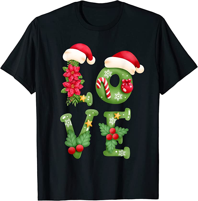 Love Christmas Candy Cane Santa Hat Letters T-Shirt