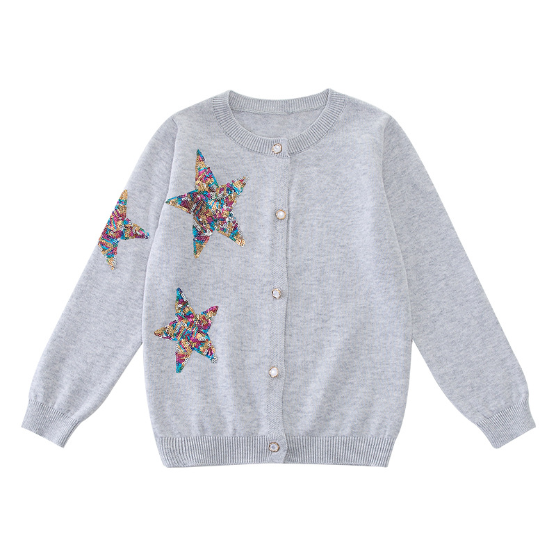 2022 American Child Sweatshirt for Girls Knit Cardigan With Sequins Star Pattern O-neck Spring and Autumn Cute Clothes for Kids alx