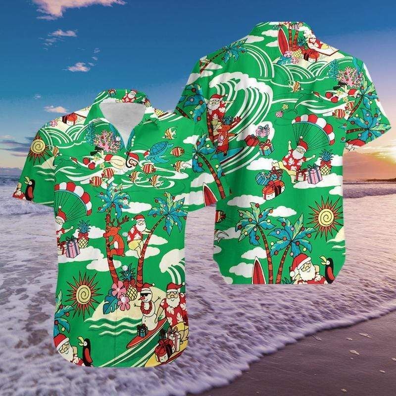 Get Here Funny Santa Claus Enjoy Summer Green Hawaii Shirts Ha54035