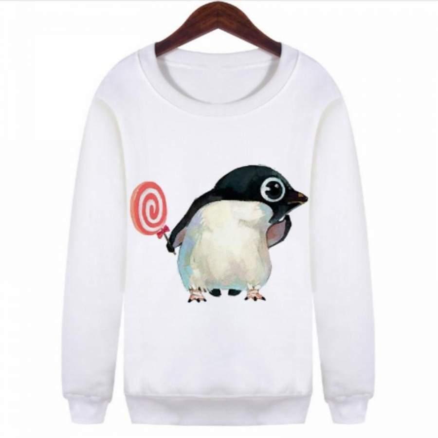 Kawaii Penguin Printed Harajuku Sweatshirt Cute Hipster Pullover Long Sleeves Ployester White Tops