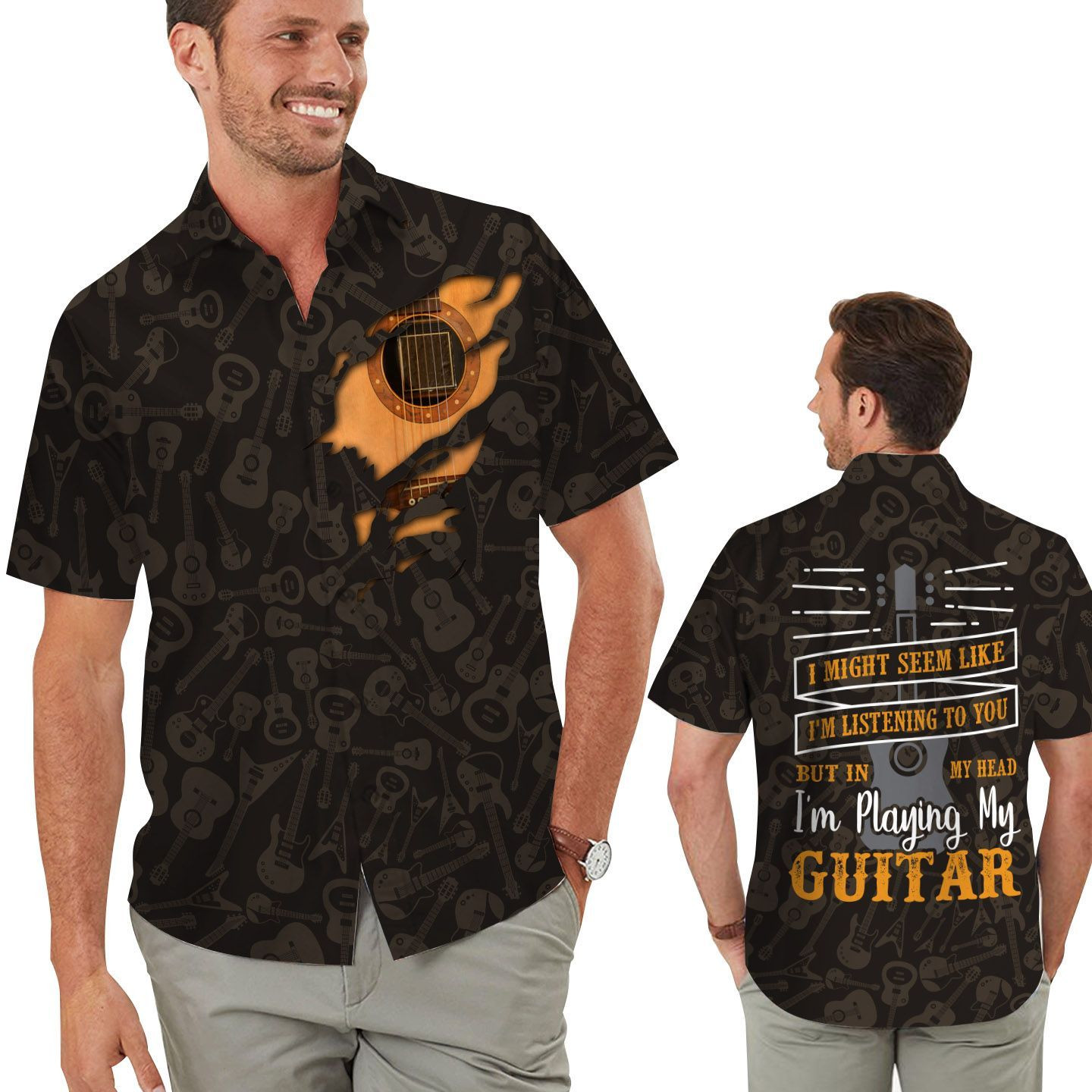 Types Of Guitars Pattern I’M Playing My Guitar Men Button Up Hawaiian Shirt For Guitarist Music Lovers In Daily Life