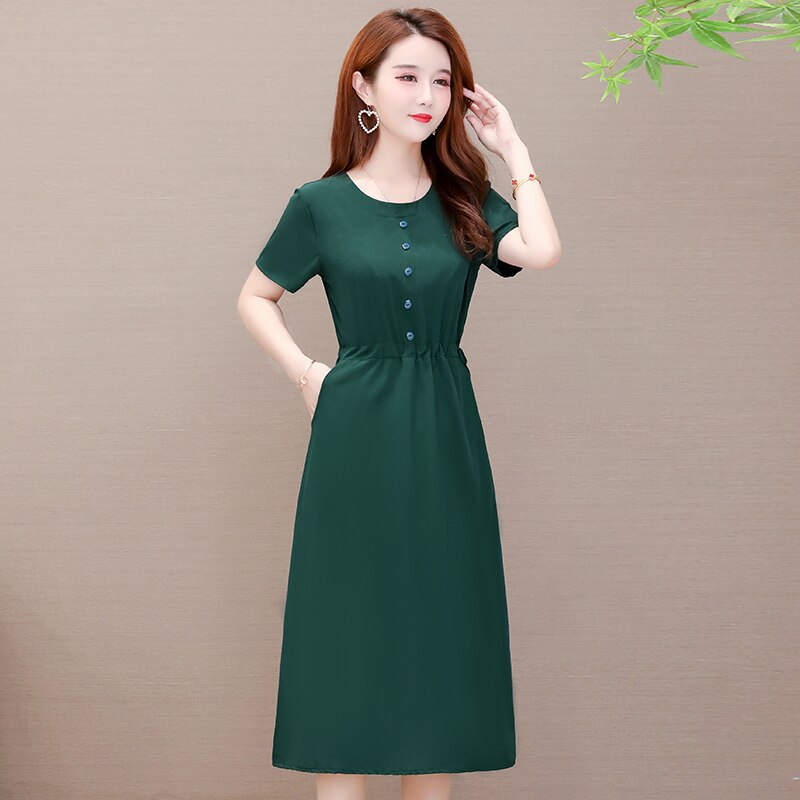 2022 New Summer Midi Dresses Women O-Neck Short Sleeve Solid Everyday Dress A-line Casual Office Ladies Vintage Dress Summer alx