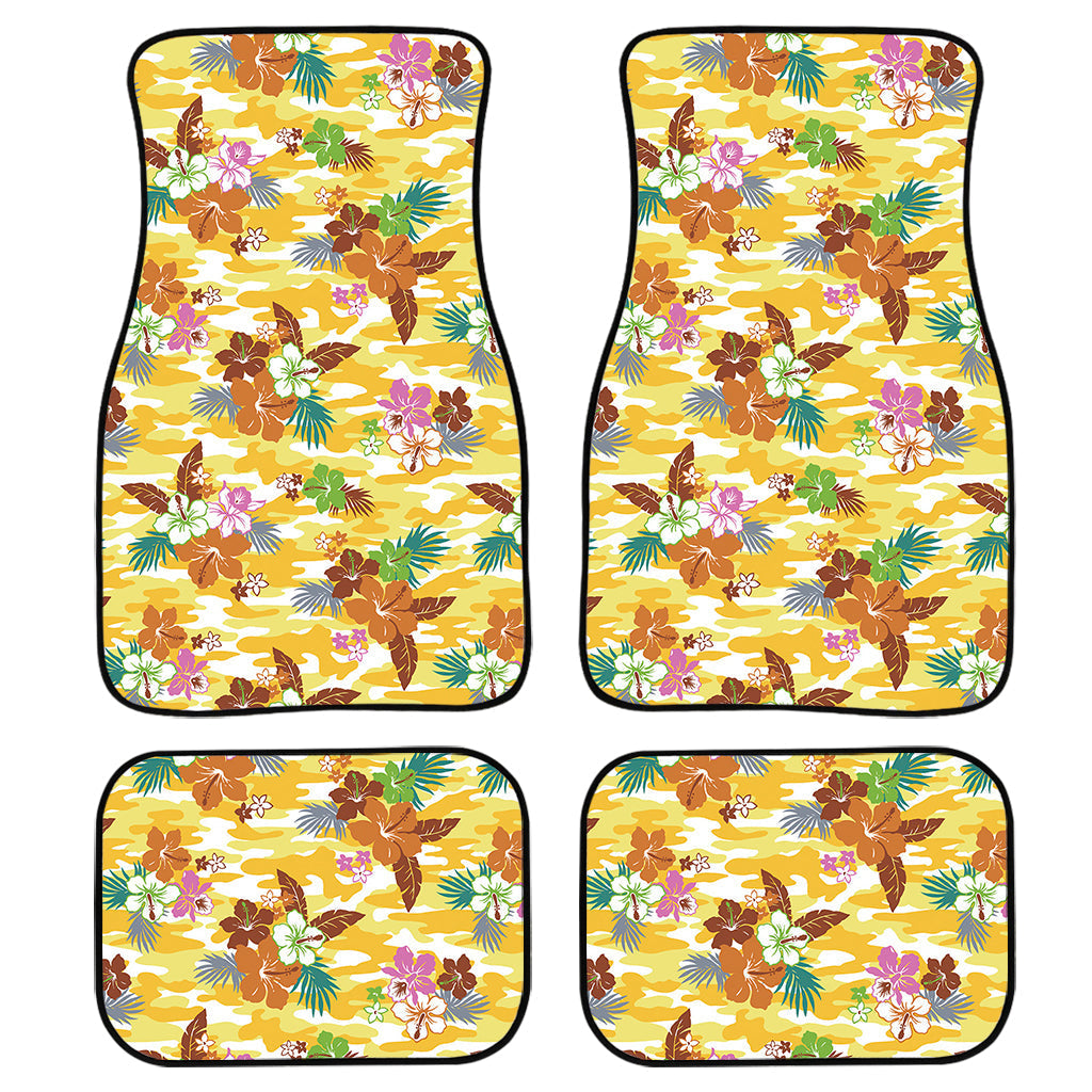 Yellow Camo And Hibiscus Flower Print Front And Back Car Floor Mats, Front Car Mat