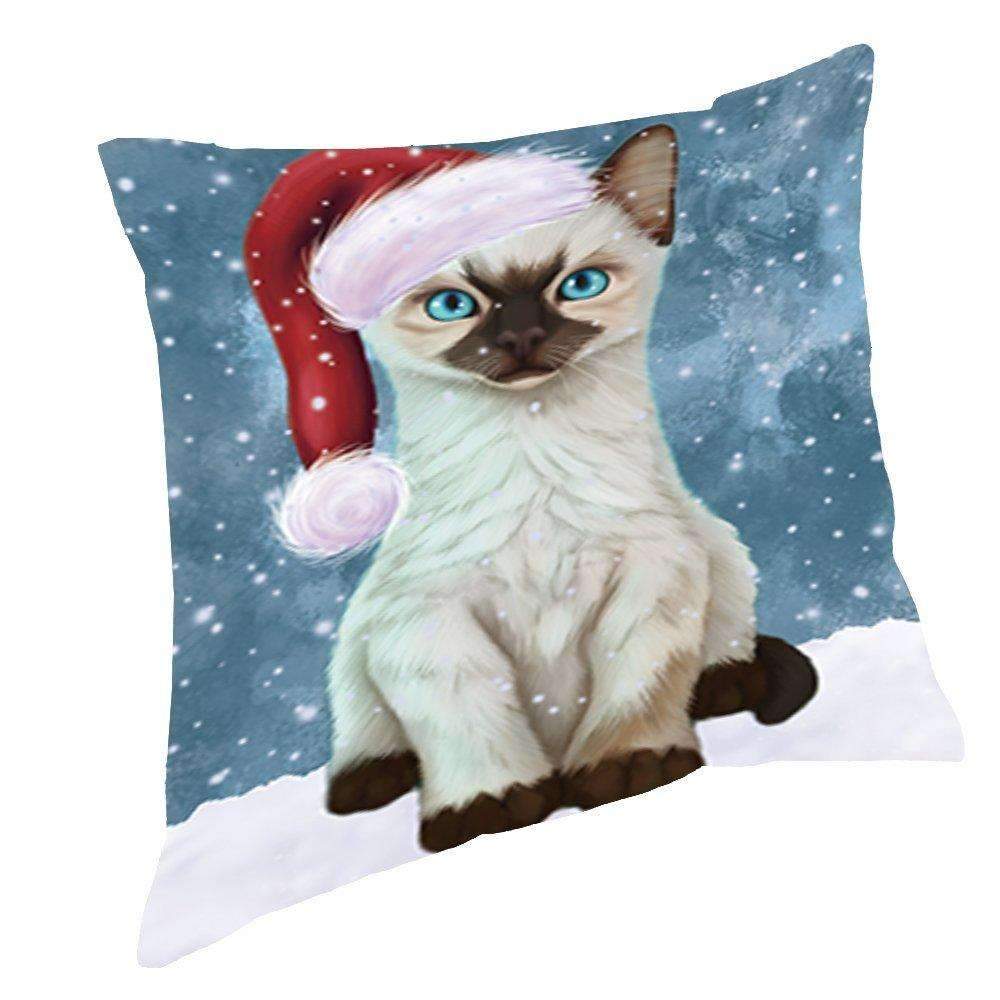 Let It Snow Christmas Holiday Siamese Kitten Cat Wearing Santa Hat Throw Pillow D397