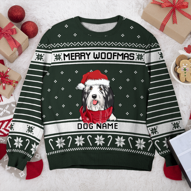 Bearded Collie Merry Woofmas Personalized Sweater, Dog Ugly Christmas Sweater