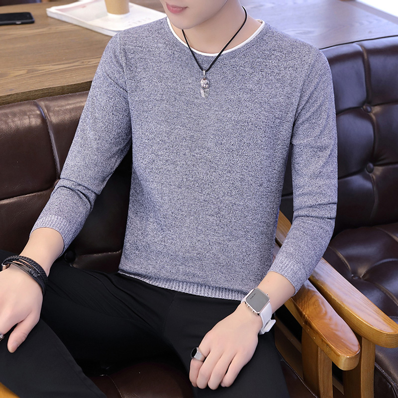 2022 Men’s Spring and Autumn Thin Stretch Round Neck Pullover Solid Color Fake Two-piece Fashion British Style Sweater alx