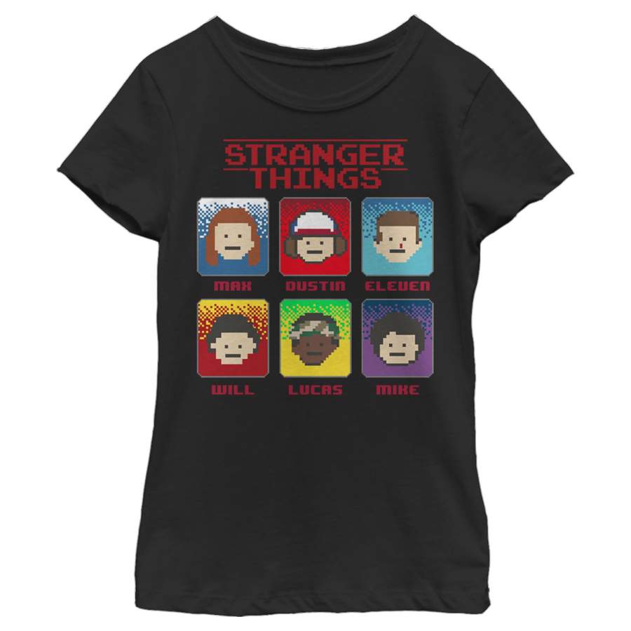 Stranger Things Girl’s Group Shot 8-Bit Box Up  T Shirt