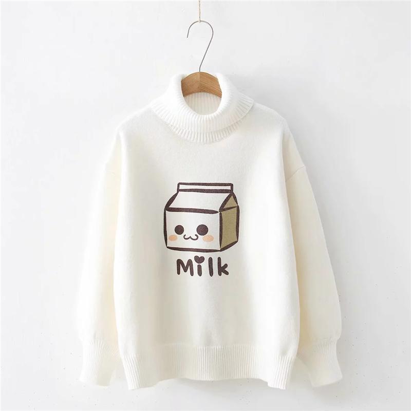 Women Pullover Winter Korean Sweater Mori Girl High Collar Milk Boxes Print Cute Female Turtleneck Loose Kawaii Knitting Jumper alx