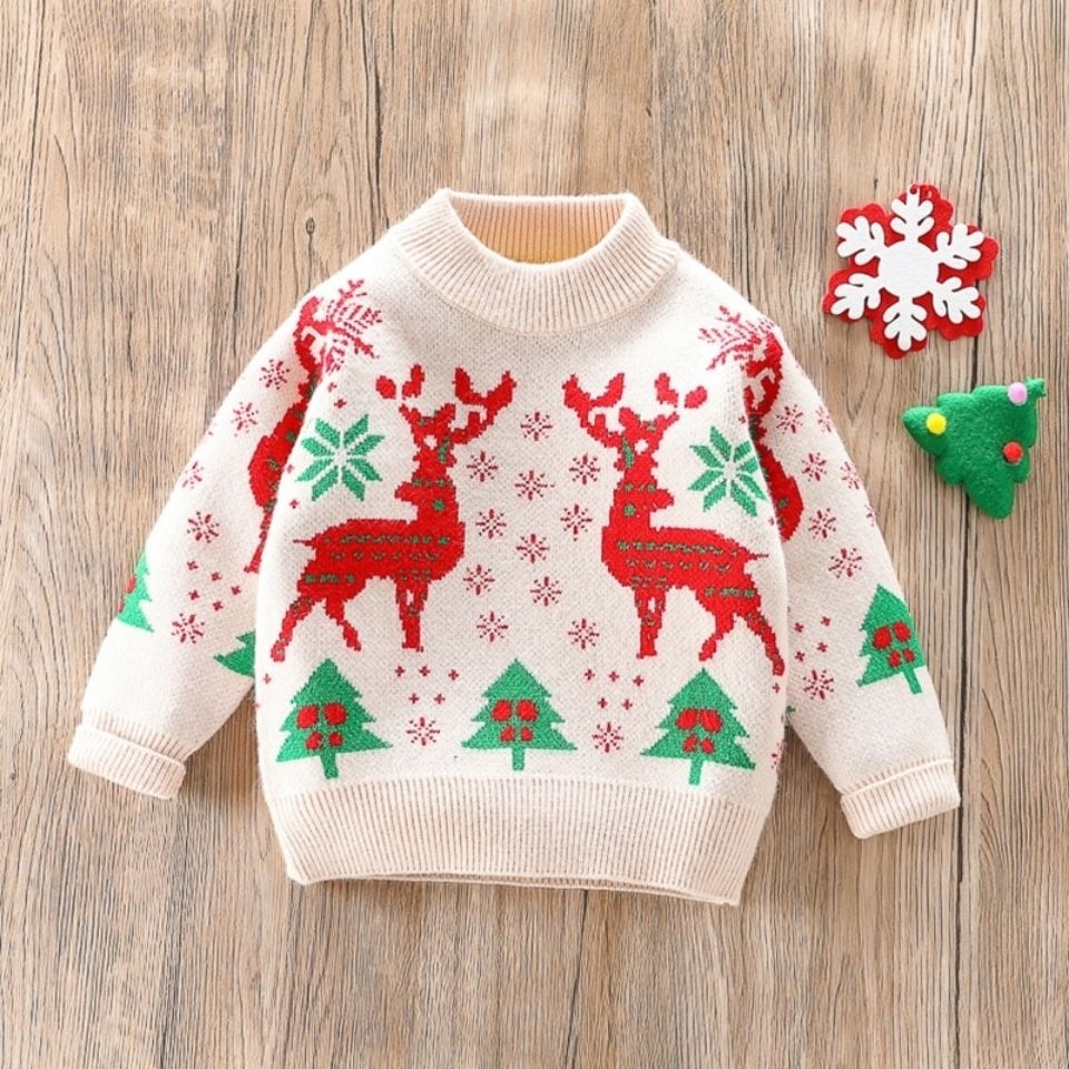 2022 Winter Fashion Christmas Sweater Children Retro Santa Claus Embroidery Pullover Tops Baby Cute Cartoon Cotton Sweaters alx