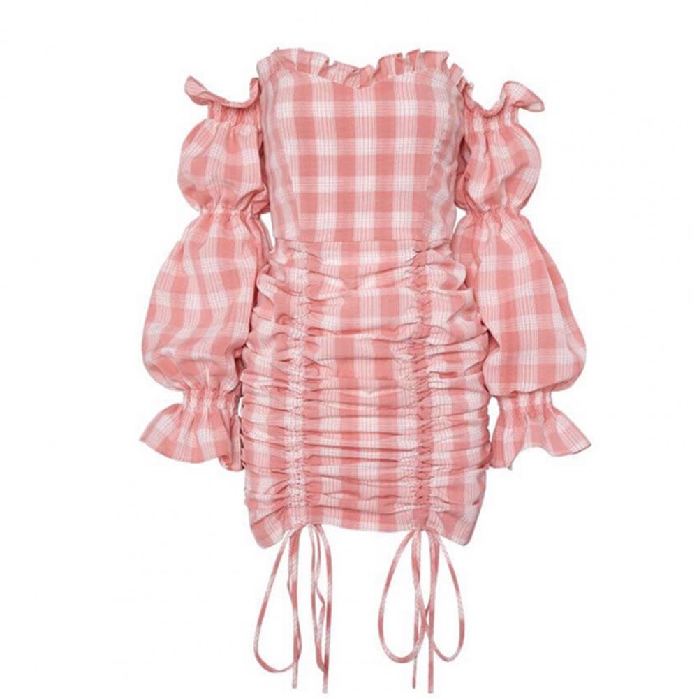 Women Dress Fashion Sexy Off Shoulder Long Puff Sleeve Plaid Drawstring Strapless Mini Dresses Set alx