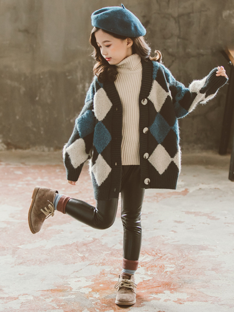 Autumn Winter Children Girls Sweaters Plaid Knitted Cardigan Kids European American Jacket Girl Cardigan Winter Clothes Girls alx