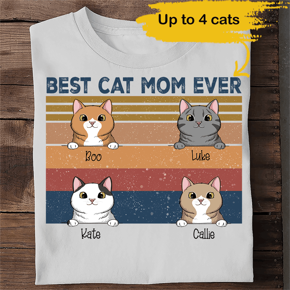 Vintage Retro Best Cat Mom Ever Custom Name Personalized T-shirt Gift For Mom Mother In Law Mother’s Day 2021