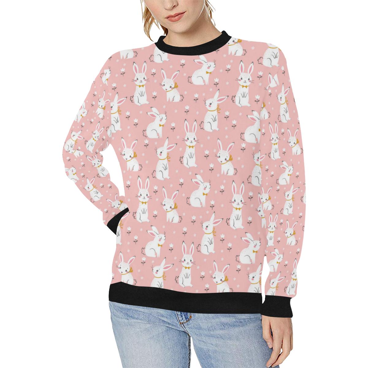 Cute white rabbit flower pink background Women’s Crew Neck Sweatshirt