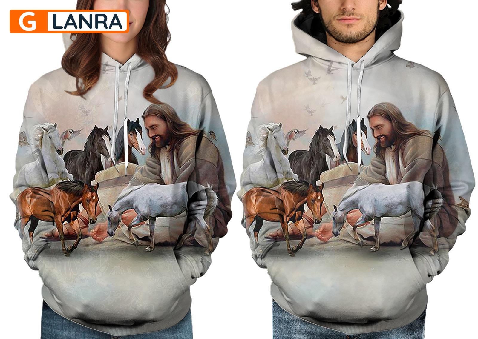 Jesus Surrounded By Horses Hoodie, Horse Hoodie, Jesus Horse Hoodie, Jesus Hoodie, Horse Farm Hoodie, Unisex Zip Hoodie, Sweater, Sweatshirt