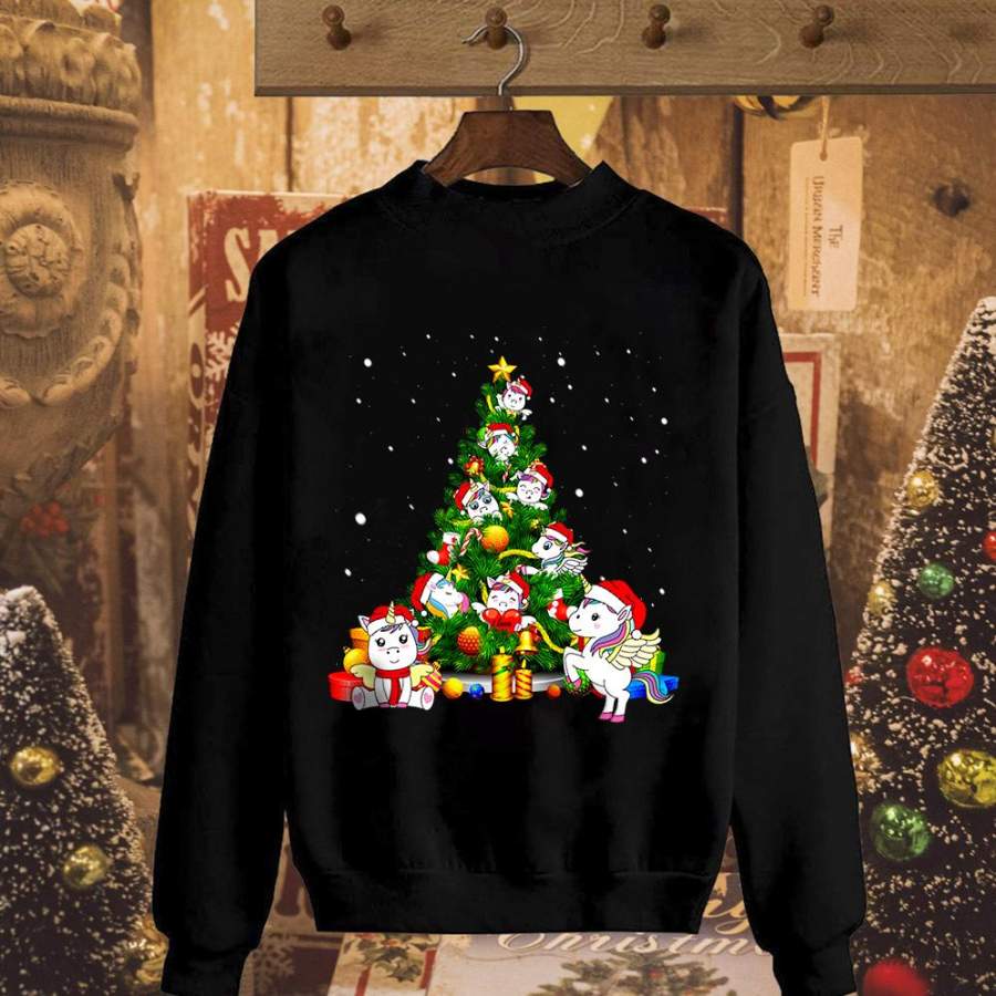 Cute unicorn christmas tree merry christmas funny gift candy cane ornament black sweatshirt for men and women S-5XL